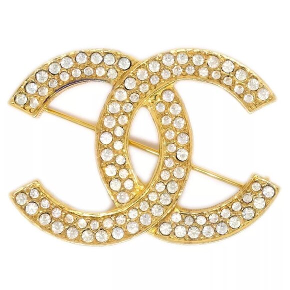Chanel CC Brooch Pin Rhinestone Gold - Picture 1 of 4